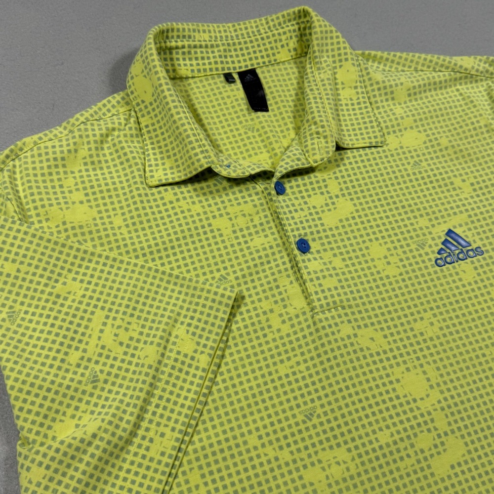 Adidas Golf Polo Shirt Mens Large Lime Green Yellow Grid Print Short Sleeve - Picture 1 of 9